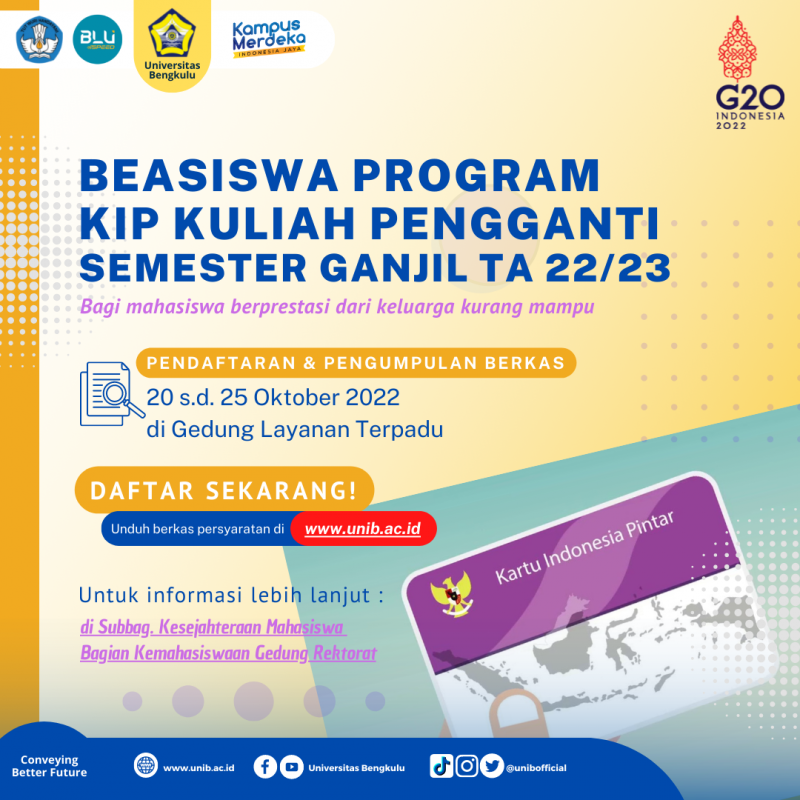 Beasiswa Program KIP Kuliah Pengganti Semester Ganjil TA 2022 2023