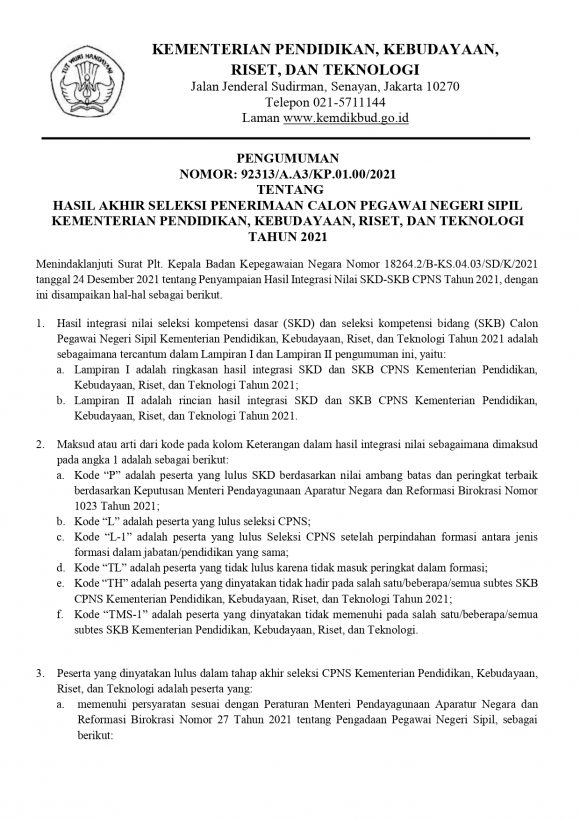 PENGUMUMAN TENTANG HASIL AKHIR SELEKSI PENERIMAAN CALON PEGAWAI NEGERI ...