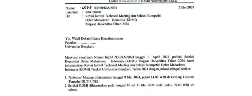 Revisi Jadwal  Technical Meeting dan Seleksi Kompetisi Debat Mahasiswa Indonesia (KDMI) Tingkat Universitas tahun 2024